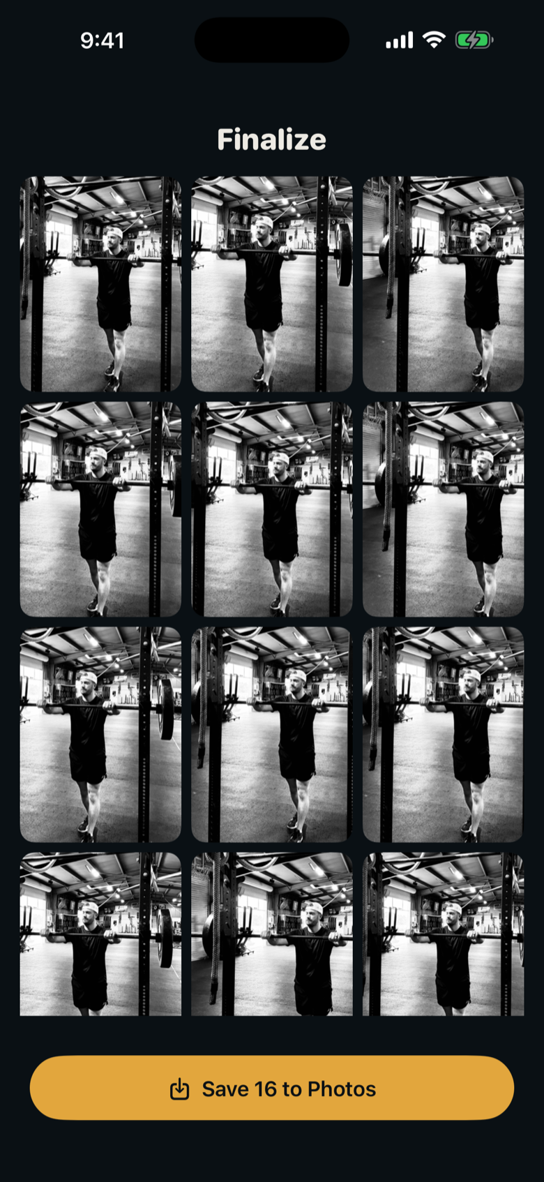 Finalize screen showing a grid of 16 keepers and a Save to Photos button